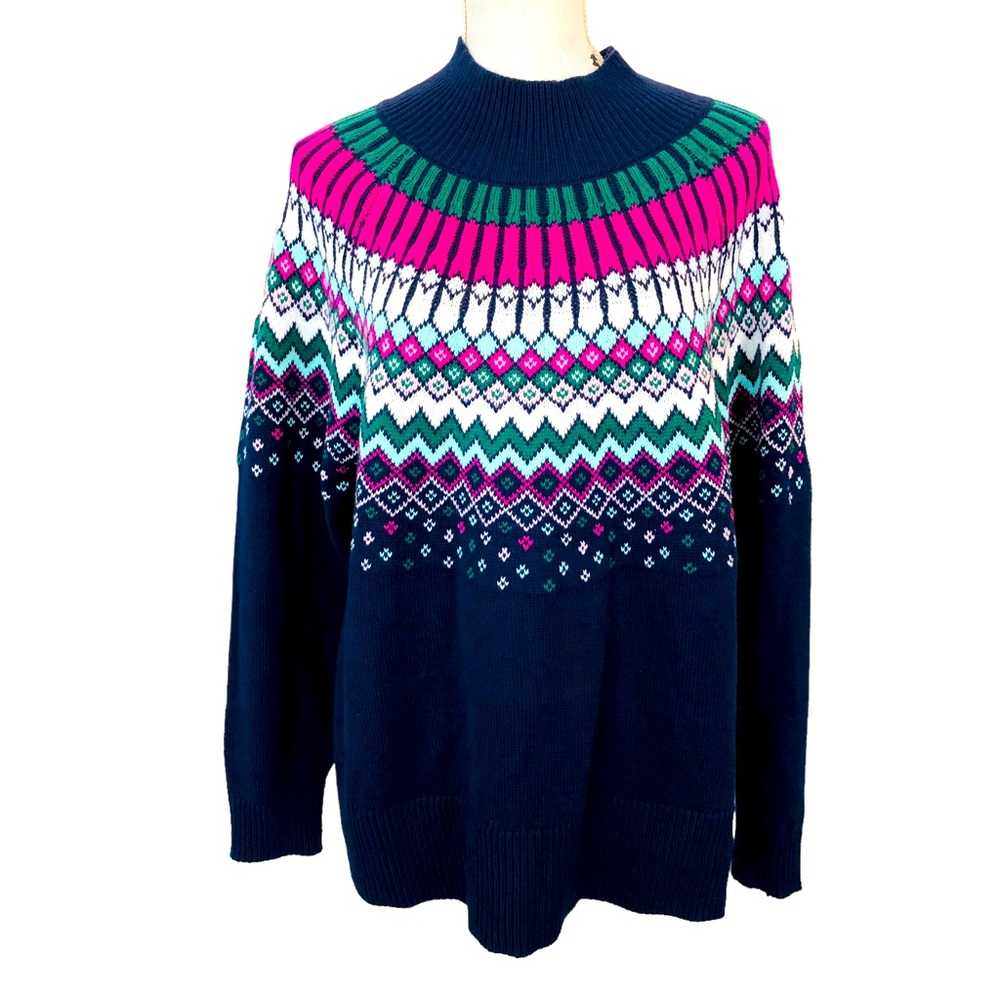 $10 SALE! CROWN & IVY Mock Neck Nordic Fair Isle Split Side Hem Sweater M